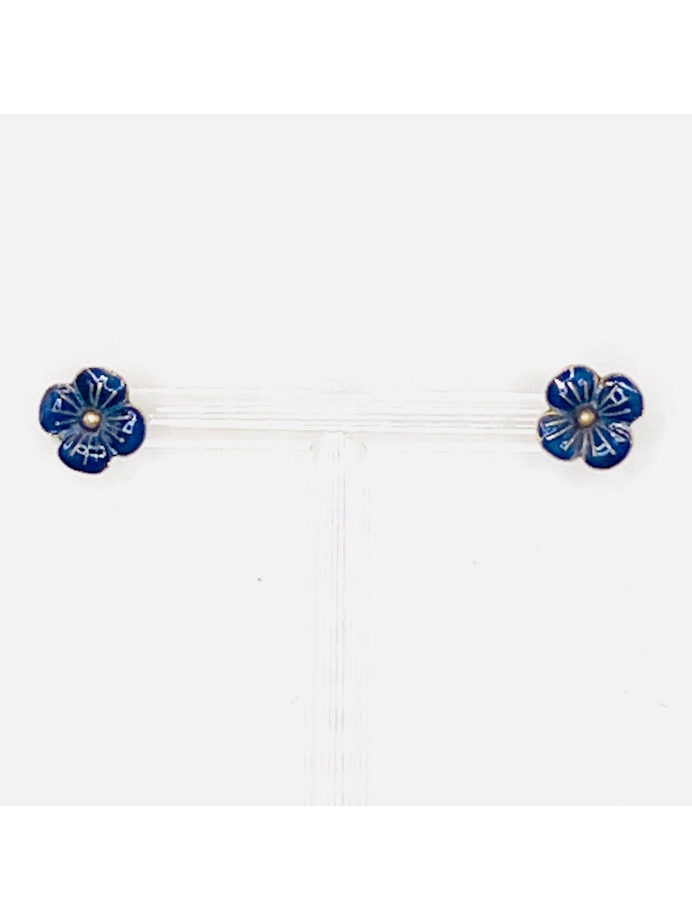 Sterling Silver Blue Enamel Flower Stud Earrings Petite Floral Vintage Style
